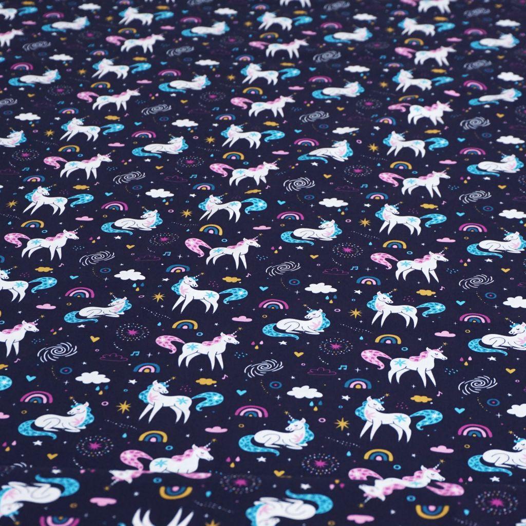 Baumwollstoff Motivdruck Einhorn Regenbogen dunkelblau rosa